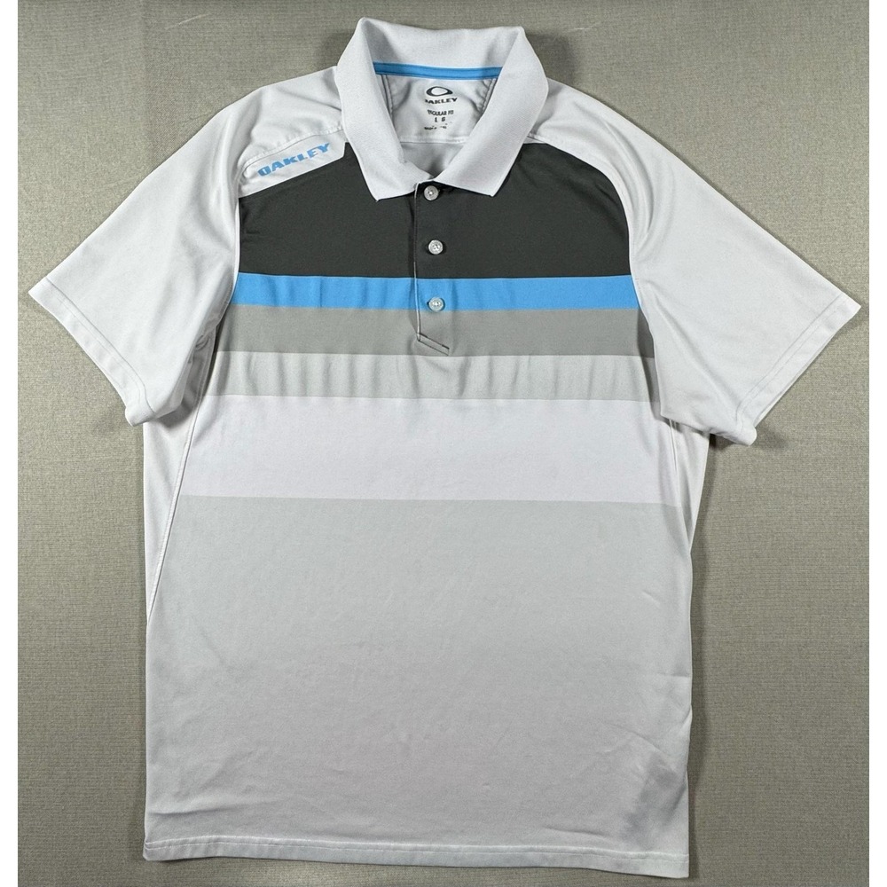 Oakley Mens‎ Large White Blue Stripe Hydrolix Golf Performance Polo Shirt 432530